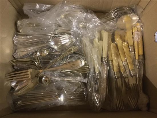 Quantity of plated beaded and fiddle pattern cutlery etc